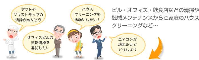 ビル・オフィス・飲食店などの清掃や機械メンテナンスから